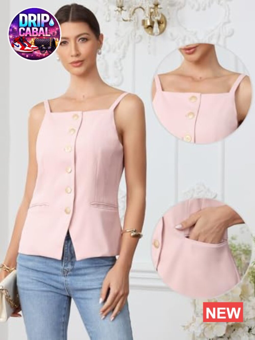 Sleeveless Square Neck Button Down Blazer Vest - Picture 2 of 5